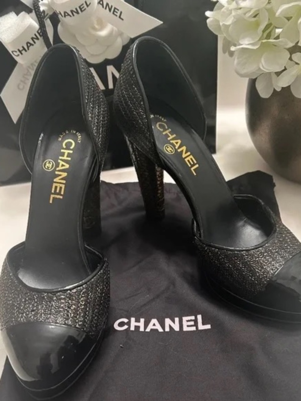 Authentic CHANEL Black and Gold Python Pumps EU 38